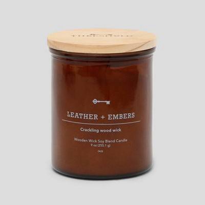 Amber Glass Leather and Embers Lidded Wooden Wick Jar Candle 9oz - Threshold&#8482;