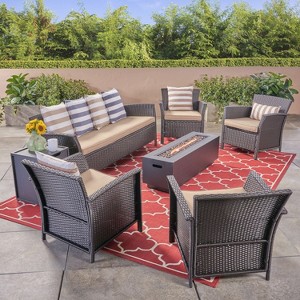 Christopher Knight Home Khaden Outdoor Wicker 7 Seater Sofa and Club Chair Chat Set with Fire Pit - 1 of 4