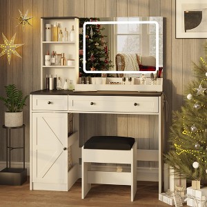 Makeup Vanity Desk with LED-Lit Mirror & Electrical Socket, 3 Lighting Color, White Dressing Table Set - 1 of 4