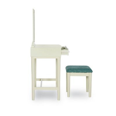Cream Wood Vanity Set with Green Upholstered Stool and Mirror