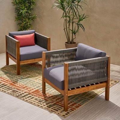 Outdoor Patio Acacia Wood Armrests Club Chairs Set of 2,Fabric Upholstered Lounge Chair,Polyethylene Rattan Weave Garden Club Chair-Coolbibila