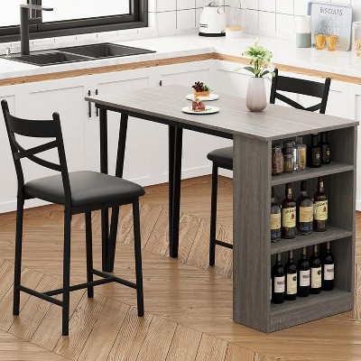 Bar Table Set with Flip Top Extension, Storage Shelves, Upholstered Chairs, Dining Table Set for Small Space