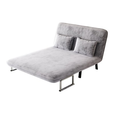 TiramisuBest 55" 3-in-1 Velvet Convertible Sleeper Sofa Bed w/Adjustable Backrest & Pillow,Chaise to Twin Bed for Home Office (Light Gray)