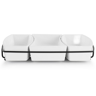 Elegant White Ceramic Tidbit Serving Set with Metal Rack