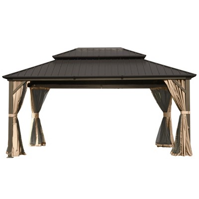 Gloweer Hardtop Gazebo, Outdoor Aluminum Frame Canopy with Galvanized Steel Roof, Permanent Metal Pavilion with Curtains and Netting