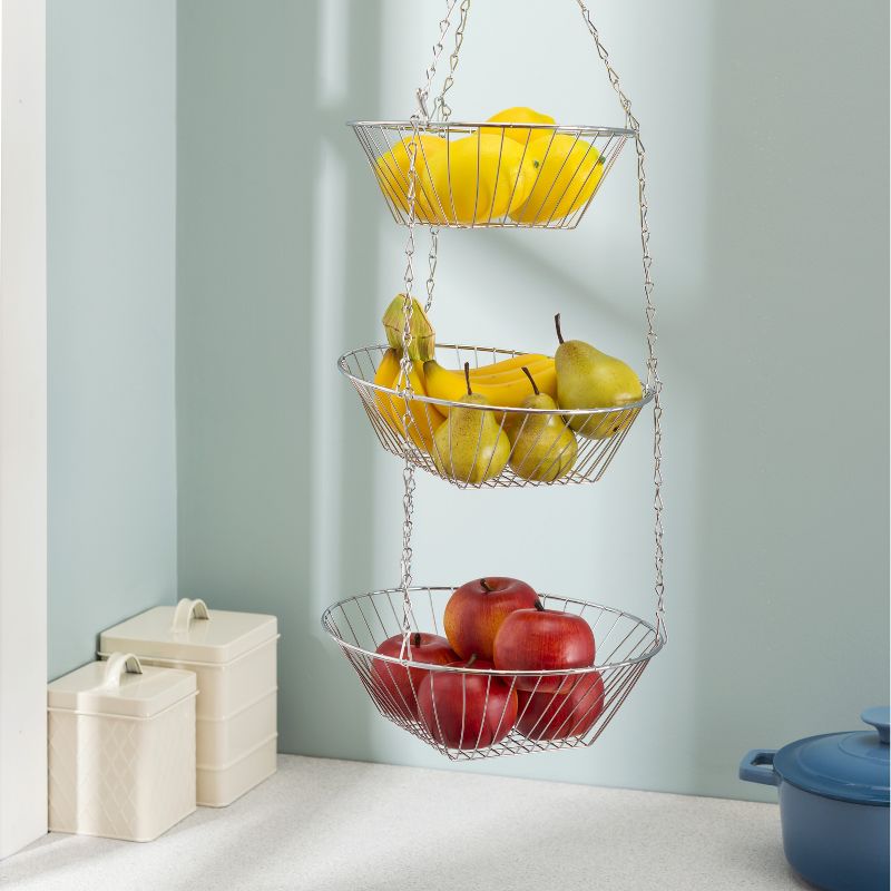 Home Basics 3 Tier Wire Hanging Round Fruit Basket, Chrome, 2 of 3