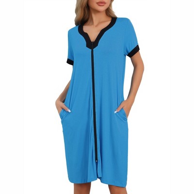 cheibear Women's Zipper Front Short Sleeves V-neck Nightgown with Pockets