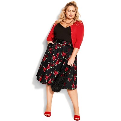 Plus Size Circle Skirt Roses Silk Black Pink Green 30-36