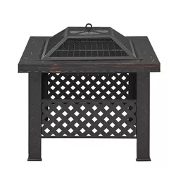 Barton 26" Outdoor Square Firepit Table Wood Burning Fire Pit BBQ Grill, Spark Screen Cover and Poker