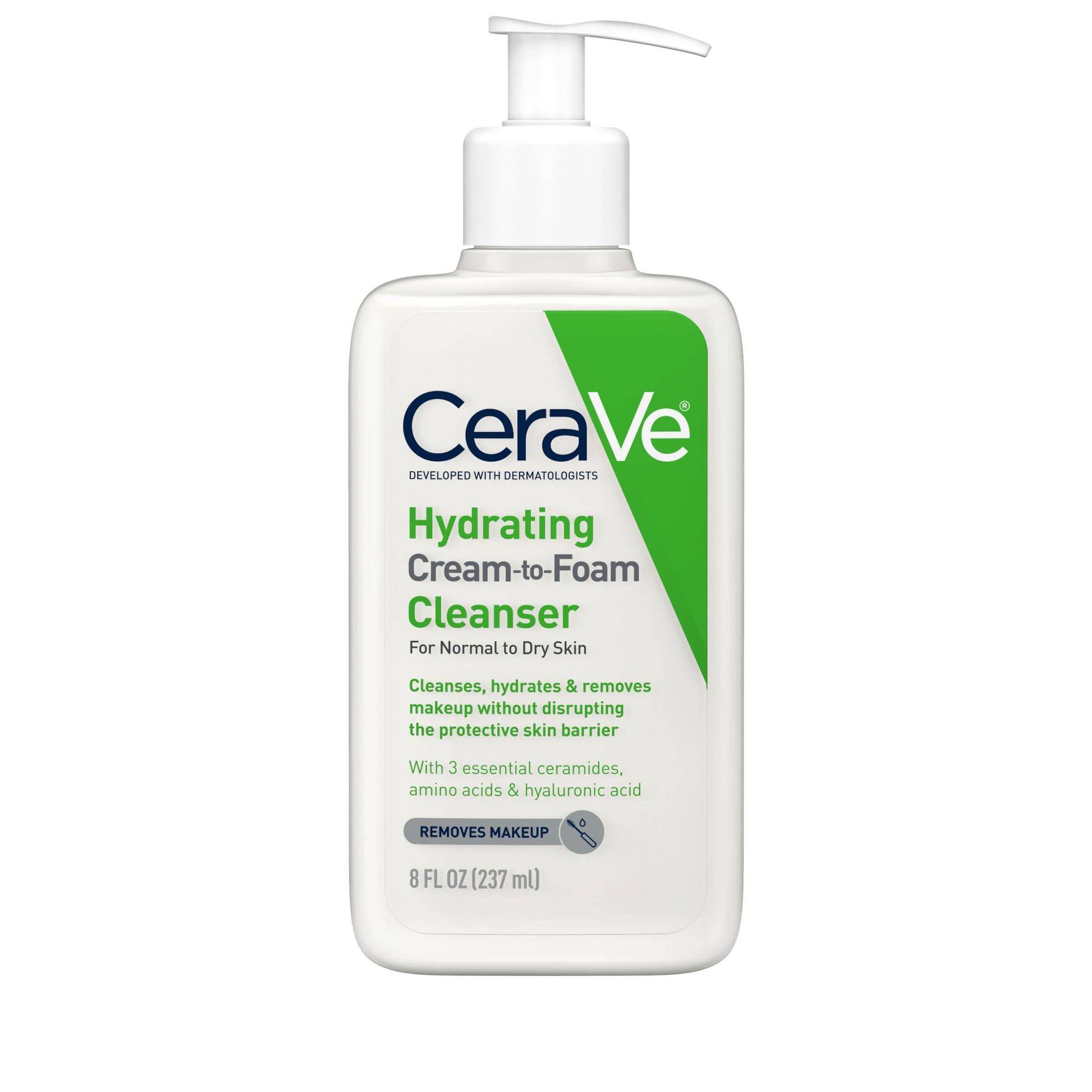 CeraVe Hydrating Cream-to-Foam Face Wash with Hyaluronic Acid for Normal to Dry Skin
