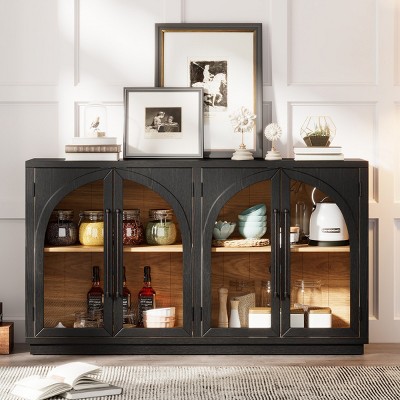 Black Storage Buffet Cabinet with Glass Doors Arched Design and Adjustable Shelves Distressed Wood Cabinet with 4 Doors -Maison Boucle