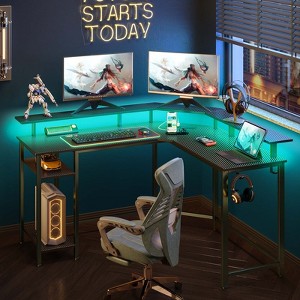 Greenstell L Shaped Desk - Black Reversible Computer Desk with LED Lights, Power Outlets, Monitor Stand & Storage - 1 of 4
