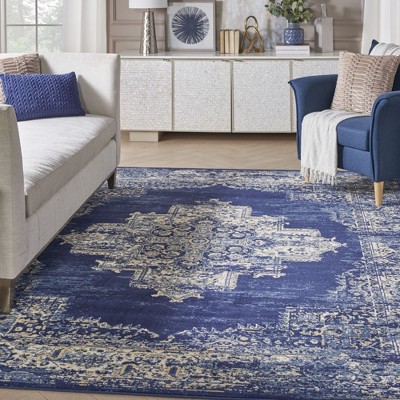 Extra Large Navy Blue Medallion Synthetic Area Rug
