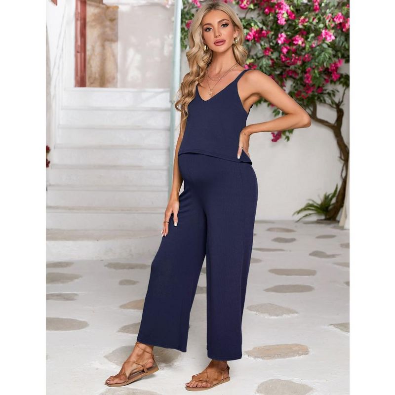 Women's Maternity Jumpsuit Sleeveless V Neck Ribbed Adjustable Strap Layered Front Wide Leg Overall Rompers, 3 of 7
