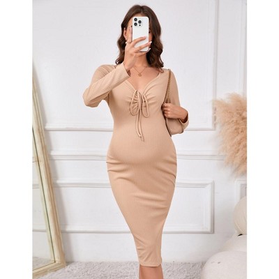 Maternity Ribbed Knit Dress V Neck Adjustable Drawstring Halter Tie Long Sleeve Side Slit Midi Dress For Baby Shower