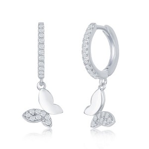 Bella Silver Sterling Silver Small Huggie Hoop CZ Butterfly Earrings - Silver - 1 of 2