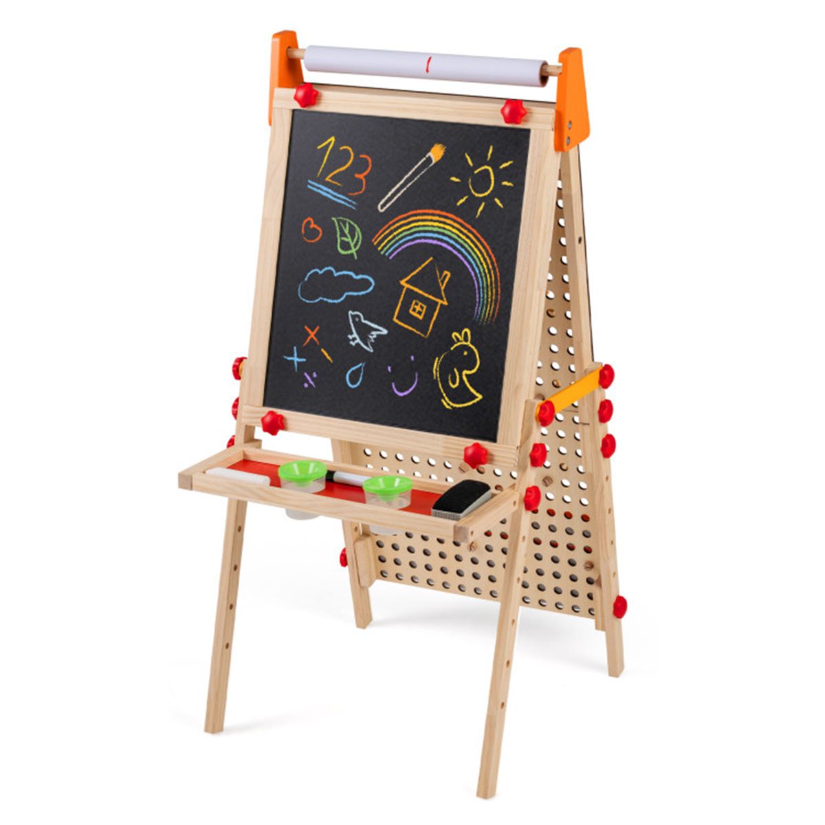 4-in-1 Kids Art Easel with Marble Run, Adjustable Height Double-Sided Drawing Easel with Paper Roll and Storage Tray for Kids 3+ - thumbnail 9