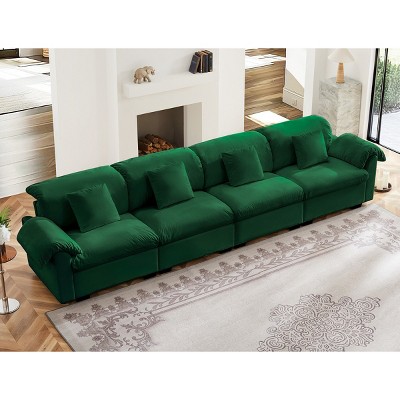 Extra Large Velvet Sofa With Storage Under Each Seat,Straight Sectional Sofa With Fluffy Armrest Pillow And Back Support-Cuddlewood