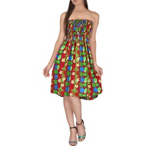 LA LEELA Women's House Daily Routine Evening Wear Boho Smocked Mini Flowy Casual Backless Dress Tube Top Strapless for Women One Size Red, Floral - 1 of 4