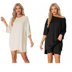 INSPIRE CHIC Women's 2 Pcs Knit Loungewear 3/4 Sleeve T-Shirt with Bike Shorts Pajama Set - 1 of 4