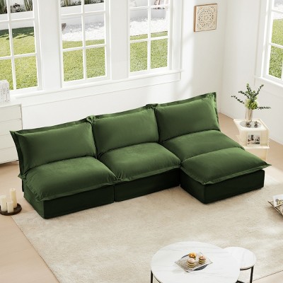 Slipcovered Sectional Sofa, 3 Seater Armless Modern Sectional Sofa with Reversible Ottoman, Sectional Sofas with Chenille Fabric-Cuddlewood