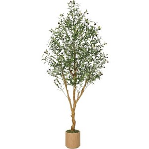Olive Trees Artificial Indoor, Artificial Plants, Olive Tree with Planter, Fake Topiary Silk Tree with Natural Wood Trunk and Lifelike Fruits - 1 of 4