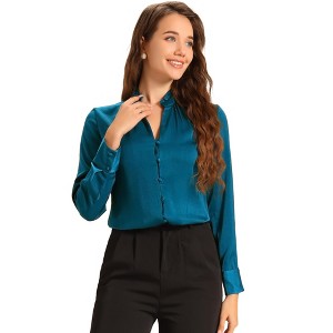 INSPIRE CHIC Women's Ruffled Stand Collar Long Sleeve Button Elegant Satin Shirt - 1 of 4