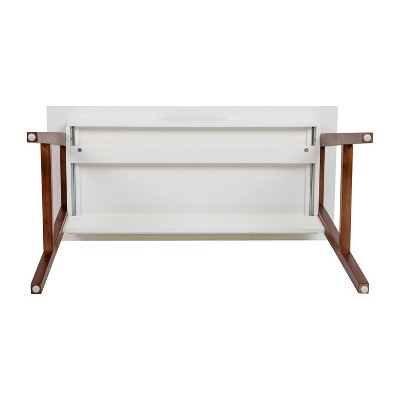White Laminate Top Writing Desk with Walnut Frame and Drawer