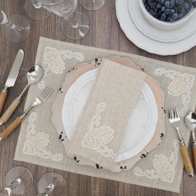 Natural Linen Blend Embroidered Table Napkins, Set of 4