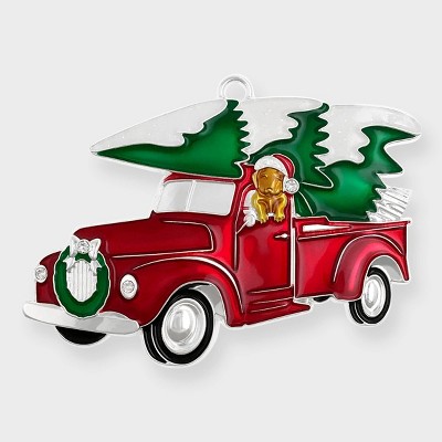 Harvey Lewis Dog in Red Pickup Truck Ornament with Fine Crystals