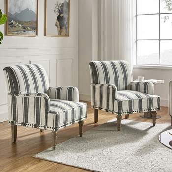 Set of 2 Venere Bedroom Wooden Upholstered Armchair with Nailhead Trim and Unique Stripe Design | ARTFUL LIVING DESIGN
