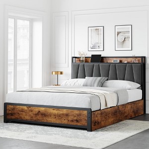 Full/Queen/King Size Bed Frame with Storage Linen Upholstered Headboard, 4 Drawers Platform Bed Frame with Charging Station, No Box Spring Needed - 1 of 4