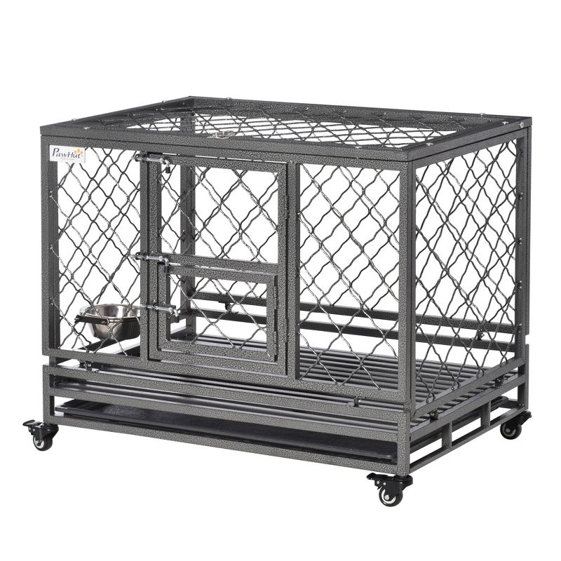 PawHut 36.5" Heavy Duty Dog Crate Metal Kennel and Cage Dog Playpen with Lockable Wheels, Slide-out Tray, Food Bowl and Double Doors, 5 of 8