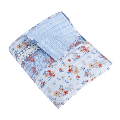 Light Blue Floral Lace Embellished Reversible Throw Blanket