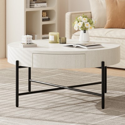Garvee Coffee Table with Drawers Round Center Table Wood Look Circle Coffee Table Farmhouse Cocktail Table Metal Frame Living Room