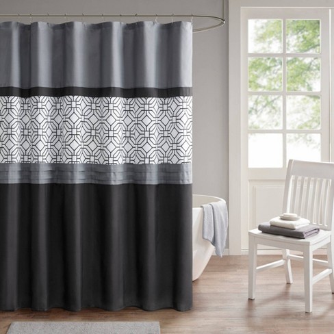 Black & Silver Bath  Black shower curtains, Black and silver bathroom,  Shower curtain decor