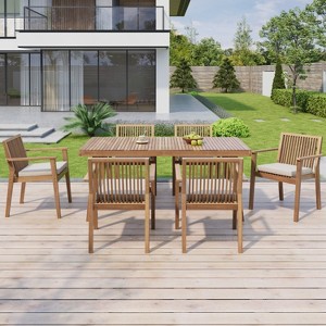 Christopher Knight Home Caitlyn Rustic 7 Piece Patio Acacia Wood Dining Set with Cushions - 1 of 4