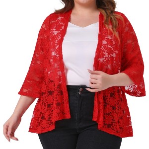 Agnes Orinda Women's Plus Size Casual Open Front 3/4 Sleeve Sheer Lace Cardigan - 1 of 4