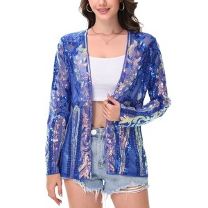 Anna-Kaci Women's Sequin Embellished Open-Front Cardigan with Sheer Mesh Long Sleeves - 1 of 4