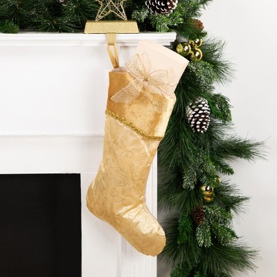 Gold Glittered Poinsettia Christmas Stocking with Velveteen Cuff