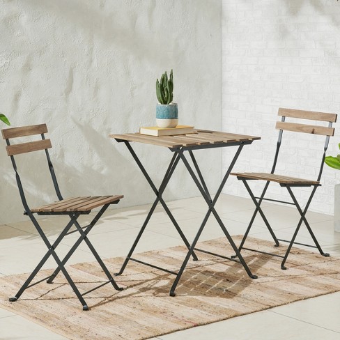 Folding Patio Bistro Set – 3-Piece Acacia Wood And Steel Café Table And  Chairs For Porch, Deck, Garden, Or Balcony Furniture By Lavish Home (Brown)  : Target
