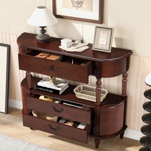 43" Retro Curved Console Table with Drawers, Solid Wood Legs Sofa Table Behind Couch, Entryway or Hallway Table with Storage Shelf-Panipeachy - 1 of 4