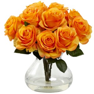 Nearly Natural Rose Arrangement with Vase, Orange/Yellow - 1 of 4