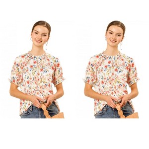 Allegra K Women's Short Sleeve Ruffled Floral Mock Neck Summer Top 2 Pcs - 1 of 4