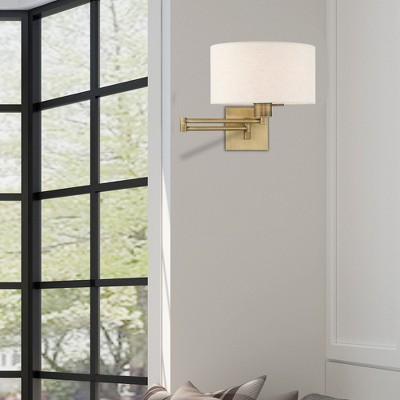 Bronze Swing Arm Wall Lamp with Oatmeal Shade