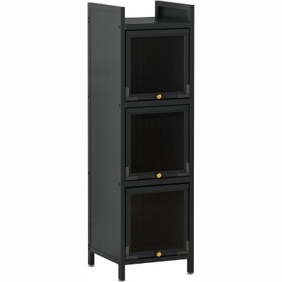 Modern Glass Door Storage Cabinet with Featuring 4-Tier Storage 3-Tier Storage Cabinet for Living Room Entryway Bathroom Dining Room Decor Black
