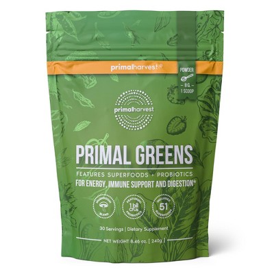 Primal Harvest Super Greens Powder, w/+50 Greens Superfood Chlorella, Probiotics, Green Tea, Wheatgrass, Kale, Turmeric for Energy