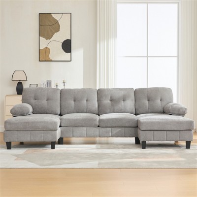 SKRAN Modern U-Shaped Sectional Sofa 103.5" Chenille Fabric Couch with Dual Chaise Lounges,Storage Pockets and Armrest Pillows for Living Room