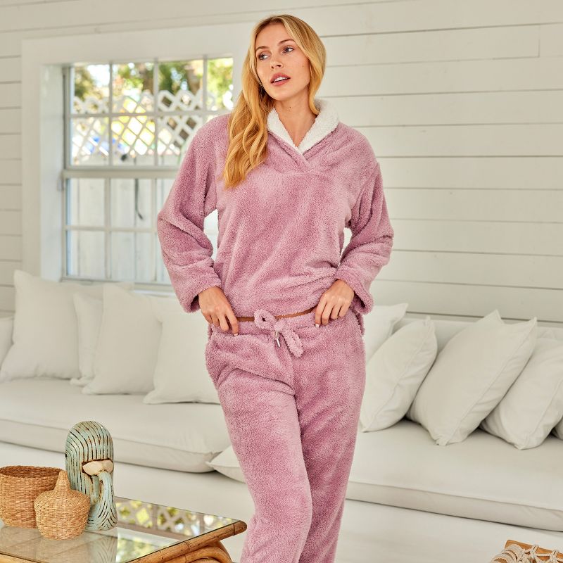 ADR Women's Soft Plush Fleece Pajamas Lounge Set, Long Sleeve Top and Fuzzy Pants with Pockets, 5 of 7