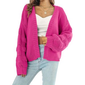 Womens Chunky Sweater Cardigan Open Front Cable Knit Sweater with Lantern Sleeve - 1 of 4